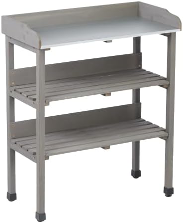 Multi-Functional Patio Storage Cabinet, 3-Tier Outdoor Potting Bench with Adjustable Support Feet & Tool Hooks,for Indoor Outdoor Multipurpose Use,Grey