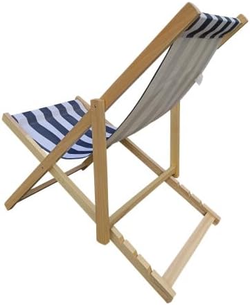 Populus Wood Sling Chair with Blue Stripe Fabric, Folding Chaise Lounge, Dark Blue Broad Stripe Design, Lightweight Outdoor Lounger with Sturdy Wooden Frame