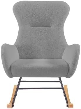 Rocking Chairs for Nursery Bedroom, Plush Teddy Accent Glider with Metal Frame & Solid Wood Legs, Cozy Adult Armchair, 250 Lbs Capacity, Grey