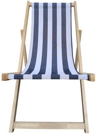 Populus Wood Sling Chair with Blue Stripe Fabric, Folding Chaise Lounge, Dark Blue Broad Stripe Design, Lightweight Outdoor Lounger with Sturdy Wooden Frame