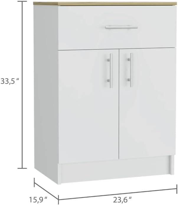 23.6" D*15.9" W*33.5" H Freestanding Storage Cabinet with Dawer & Shelf, Double Door, Natural Wood Top, Rectangular Kitchen Pantry, Modern Minimalist, for Living Room, Dining Room, White