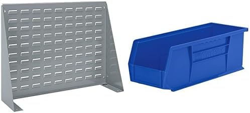 Akro-Mils 28"x8"x20" Steel Louvered Panel Work Bench Storage Rack with 12-Pack of 15 x5 x5 AkroBins Stackable Plastic Storage Bins (Blue), Organization Bundle for Garage, Workshop, Classroom