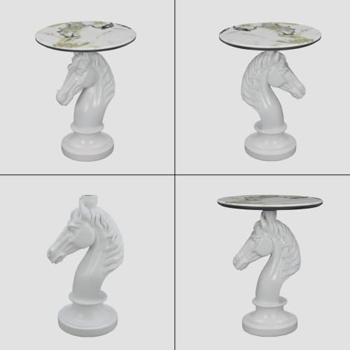 Horse Head Accent Table with Faux Marble Top, Modern Animal Sculpture End Table, Resin Decorative Side Table for Living Room Bedroom Office, Luxury White Statement Furniture