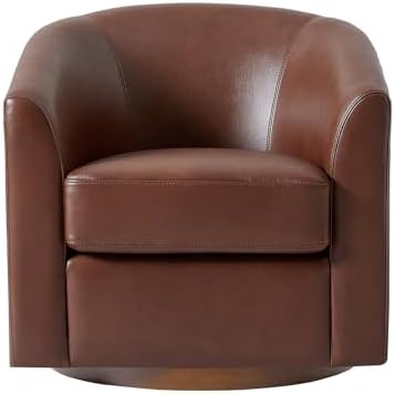 HULALA HOME Genuine Leather Swivel Barrel Chair with Solid Wood Base, Brown | Transitional Round Swivel Accent Chair with Flared Armrests, No Assembly Required, for Living Room Bedroom Reading Relaxation
