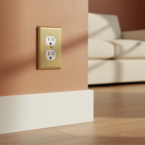 Rio Salto BRASS Brushed Brass Gold Metal Duplex Receptacle Wall Plate Outlet Covers Light Switch Cover Plate – Deco Collection Decorative Wall Plates 10-Pack Standard Size 4.50" X 2.75"
