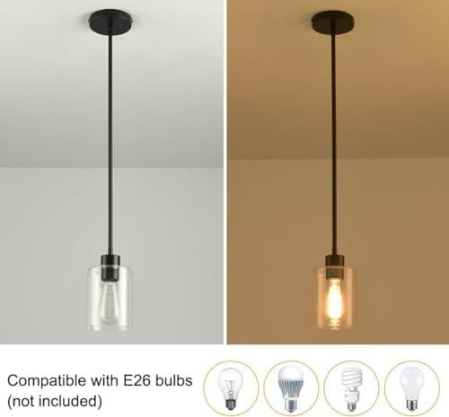 3 Pack Black Pendant Lights Kitchen Island, Modern Industrial Matte Black Hanging Light Fixtures, Adjustable Downrod Farmhouse Glass Pendant Lighting for Dining Room Bedroom Hallway Entryway