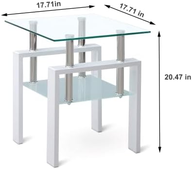 Glass End Table Tea Table with Shelf Side Table with Metal Legs Modern Small Tables for Livingroom (White)