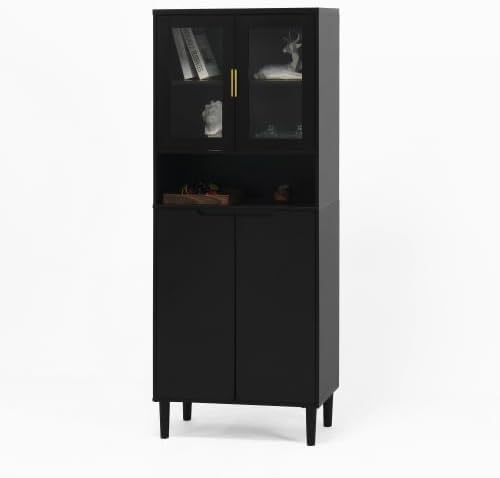 Kitchen Pantry Storage Cabinet, Glass Door Kitchen Hutch Cabinet with Storage Compartment, 71" High Buffet Sideboard Modern Cupboard for Snacks, Spices & Wine, Black
