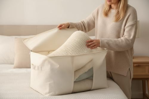DoYiKe Soft Large Canvas Storage Bags with Zipper and Clear Window, Cotton Linen Storage Organizer for Pillows, Quilt, Blankets and Comforter, 80L, 4 Pack, Beige