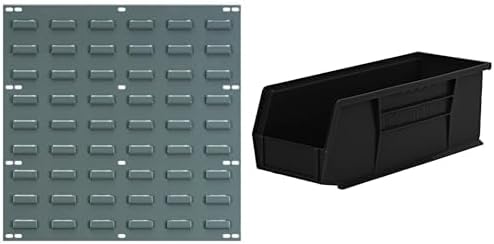 Akro-Mils 18"x19" Steel Wall Mount Louvered Panel with 12-Pack of 15 x5 x5 AkroBins Stackable Plastic Storage Bins (Black), Organization Bundle for Garage, Workshop, Classroom