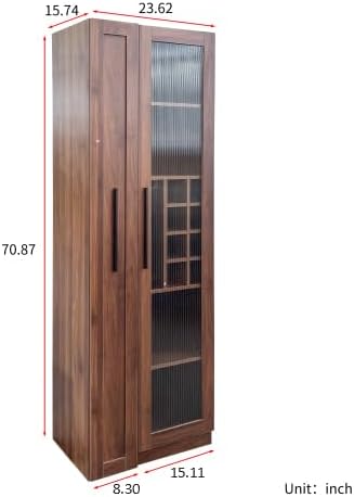 Kitchen Pantry Cabinet with 5-Tier Shelf, Pull-Out Hutch Cabinet with Glass Door & Spice Rack, Freestanding Wine Bar Cabinet with Glass Holder & 8-Bottle Wine Rack for Living Room, Dining Room, Walnut
