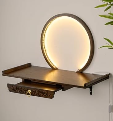 Wall-Mounted Buddha Statue Stand with LED, Small Buddhist Shrine Altar Table, Retractable Bamboo Prayer Offering Table for Living Room for Father's Day (Walnut color, 40cm/15.7in)