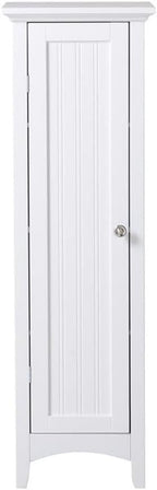 Pemberly Row 48" Tall 1-Door Kitchen Storage Pantry, Wood Construction, White Finish, 15" W x 15" D, Adjustable Shelves, Compact Design, Raised Panel Door, Brushed Aluminum Hardware