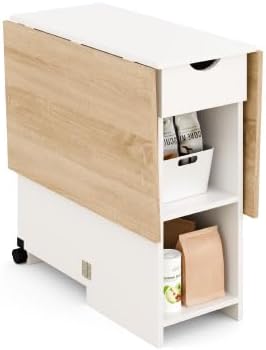 Folding Dining Table, Drop Leaf Table for Small Space with Drawer and Open Storage Shelves, Modern Rectangular Kitchen Dining Table, 47.2" L x 28.3" W (Oak & White)