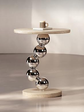 Modern Travertine Side Table, Natural Travertine Stone Top with Chrome Sphere Pedestal Base
