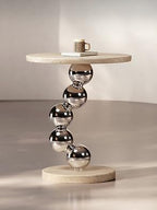 Modern Travertine Side Table, Natural Travertine Stone Top with Chrome Sphere Pedestal Base