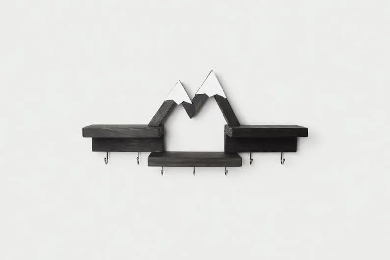 Rustic Mountain Wall Shelf with Hooks, Wood & Metal Wall Storage Organizer, Decorative Floating Shelves for Entryway Bedroom Nursery, Farmhouse Style Home Decor
