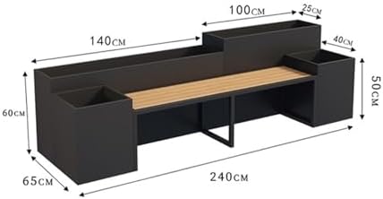 Black Metal Park Planter Bench with Raised Flower Box Seat for Outdoor Patio Garden Yard Lawn Balcony Durable Weather Resistant Steel Wood Seating Set for Backyard Relaxation Large Size