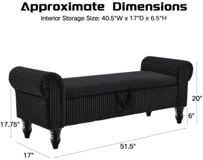 51.5" Corduroy Storage Bench, End of Bed Bench with Storage, Upholstered Bedroom Bench with Rolled Arm, Ottoman Bench for End of Bedroom, Living Room, Entryway (Black)