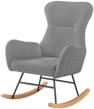 Rocking Chairs for Nursery Bedroom, Plush Teddy Accent Glider with Metal Frame & Solid Wood Legs, Cozy Adult Armchair, 250 Lbs Capacity, Grey