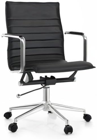 2xhome Modern Office Chairs | Upholstered PU Leather Ribbed Mid Back with Metal Frame | Adjustable Height, Tilt Lock | Computer Desk Chair, Meetings Parent (2, Grand Black, Armchair)