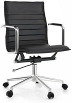 2xhome Modern Office Chairs | Upholstered PU Leather Ribbed Mid Back with Metal Frame | Adjustable Height, Tilt Lock | Computer Desk Chair, Meetings Parent (2, Grand Black, Armchair)