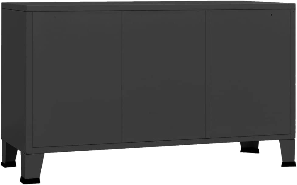 Industrial Metal and Glass Sideboard with Fixed Shelves, Modern Storage Cabinet for Dining Room Living Area, Black Rectangular Design, Durable Construction, Matte Finish,