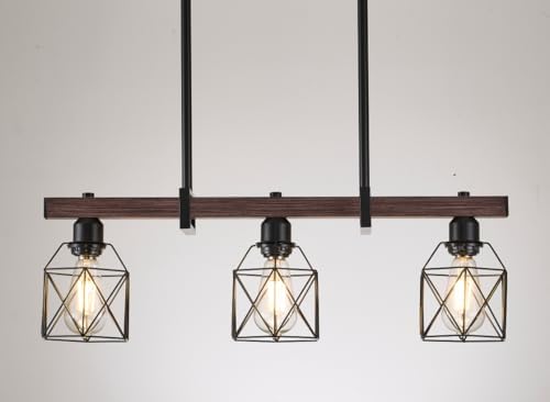 Industrial Pendant Light Fixture, 3-Light Kitchen Island Lighting with Wood Grain Bar and Black Metal Cage, Farmhouse Rustic Hanging Ceiling Lamp for Dining Room, Living Room