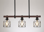 Industrial Pendant Light Fixture, 3-Light Kitchen Island Lighting with Wood Grain Bar and Black Metal Cage, Farmhouse Rustic Hanging Ceiling Lamp for Dining Room, Living Room