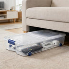 Blue 66-Quart Clear Underbed Storage Bin with Wheels and Latch Lid - Rolling Container for Gift Wrapping Station, Kids Room & Guest Bedding