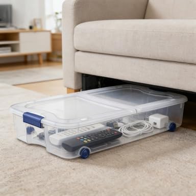 Blue 66-Quart Clear Underbed Storage Bin with Wheels and Latch Lid - Rolling Container for Gift Wrapping Station, Kids Room & Guest Bedding