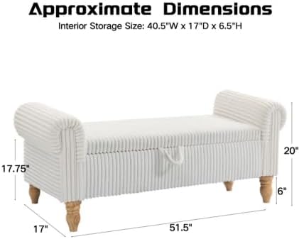 51.5" Storage Ottoman Bench, Upholstered Corduroy Storage Benches for Bedroom, End of Bed Storage Bench for Living Room & Entryway, Window Benches for Foot of Bed, White