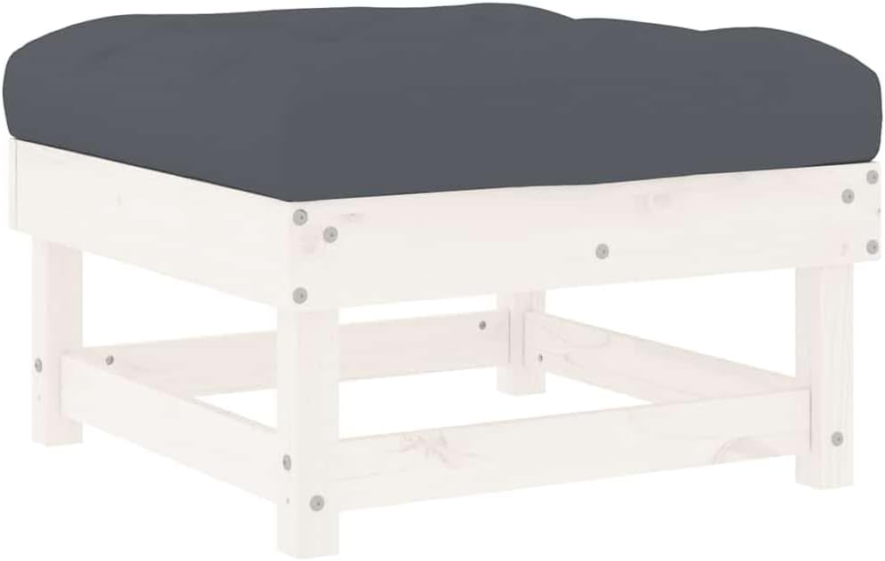 Outdoor Garden Footstool with Cushion, 24 x 24 Inch Square Pine Wood Patio Ottoman, Rustic Weather-Resistant Ottoman for Backyard, Deck, and Balcony, White