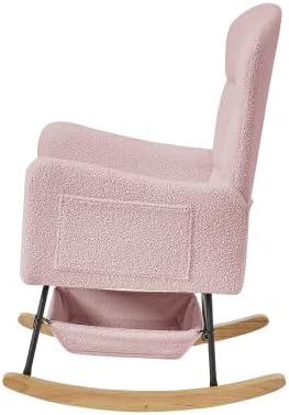 Pink Teddy Glider Rocker, Comfy Upholstered Nursery Rocking Chair with High Backrest, Modern Accent Armchair for Bedroom Living Room, Wood Legs & Steel Frame