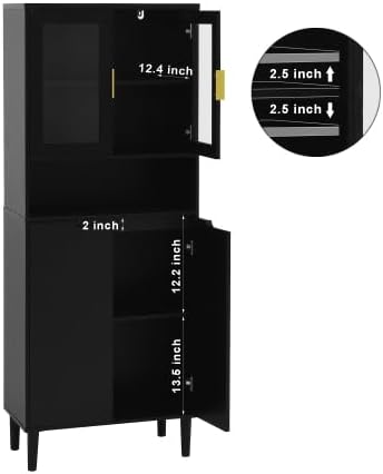 Kitchen Pantry Storage Cabinet, Glass Door Kitchen Hutch Cabinet with Storage Compartment, 71" High Buffet Sideboard Modern Cupboard for Snacks, Spices & Wine, Black
