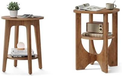 VASAGLE Round Side Table, 2 Tier Small Accent End Table Rustic Walnut ULET283T41 and Honey Brown ULET233M101S