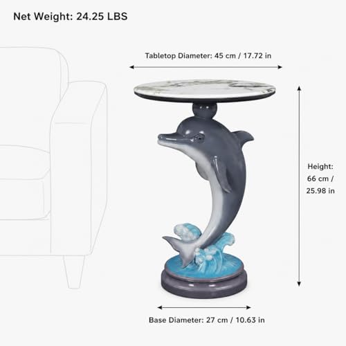 Dolphin Side Table, 25.98 in Animal End Table, Round Marble-Look Top, Hand-Painted, Auto-Grade Finish, Durable and Easy Clean