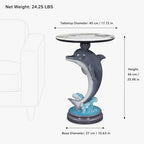 Dolphin Side Table, 25.98 in Animal End Table, Round Marble-Look Top, Hand-Painted, Auto-Grade Finish, Durable and Easy Clean