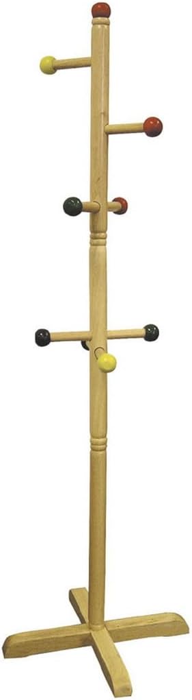 49.5" Tall Wooden Standing Coat Rack, Natural, 8 Colored Pegs