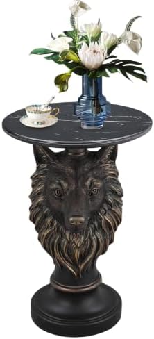 Luxury Wolf Head Accent Table with Faux Marble Top, Animal Sculpture End Table, Resin Decorative Side Table for Living Room, Bedroom, Office, Statement Furniture Piece, Modern Home Décor