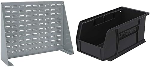 Akro-Mils 28"x8"x20" Steel Louvered Panel Work Bench Storage Rack with 12-Pack of 11 x5 x5 AkroBins Stackable Plastic Storage Bins (Black), Organization Bundle for Garage, Workshop, Classroom