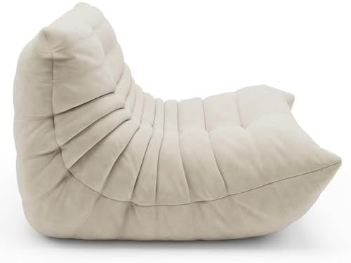 High-end Uncompressed Togo Bean Bag Chair for Adults, Memory Foam Floor Sofa Couch with Soft Fabric, Comfy Fireside Lounge Chair for Living Room, Bedroom, Apartment & Reading Nook Suede Antique White
