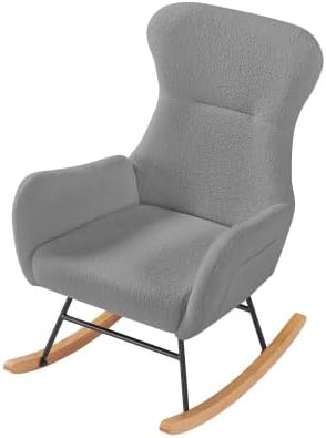 Teddy Rocking Chair, Upholstered Glider Nursery Rocker with Footrest, High Back Adult Relaxation Chair for Living Room Bedroom, Grey