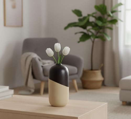 Young's Inc Ceramic Black Dipped Vase for Modern Home Decor, 10.04" Tall, Elegant Minimalist Flower Vase, Beige and Black Ceramic Accent for Living Room, Office, and Contemporary Home Spaces