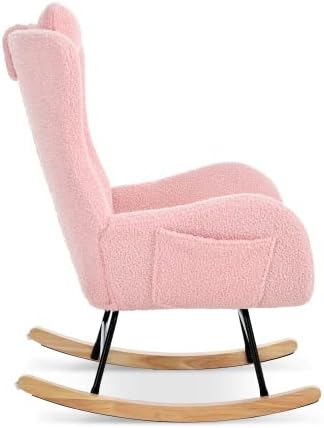 Rocking Chair Nursery, Teddy Upholstered Glider Rocker with Headrest, Accent Armchair with High Backrest, Comfy Lounge Chair for Living Room Bedroom Offices, Pink