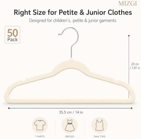 MIZGI Kids Velvet Hangers,Non-Slip Big Kids Hangers,14 Inch Hangers for Youth,Teen Clothes,Pack of 50（Ivory/Silver）