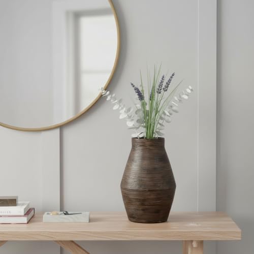 Brown Ceramic Vase - 10 Inch Rustic Farmhouse Vases Home Decor, Decorative Pottery Flower Vase for Living Room, Table Centerpiece, Shelf Kitchen Mantel Decor