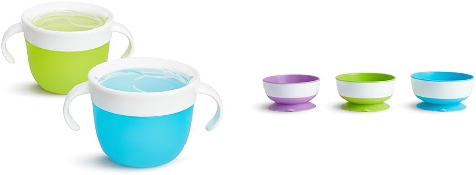 Munchkin® Snack™ Catcher Toddler Snack Cups, 2 Pack, Blue/Green & Stay Put™ Suction Bowls for Babies and Toddlers, 3 Pack, Blue/Green/Purple