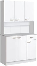 Kitchen Storage Cabinet with Multiple Doors, Drawer, Adjustable Shelves, and Open Countertop for Microwave, Toaster, or Coffee Maker – Pantry Organizer with Anti-Tip Safety Strap (White)