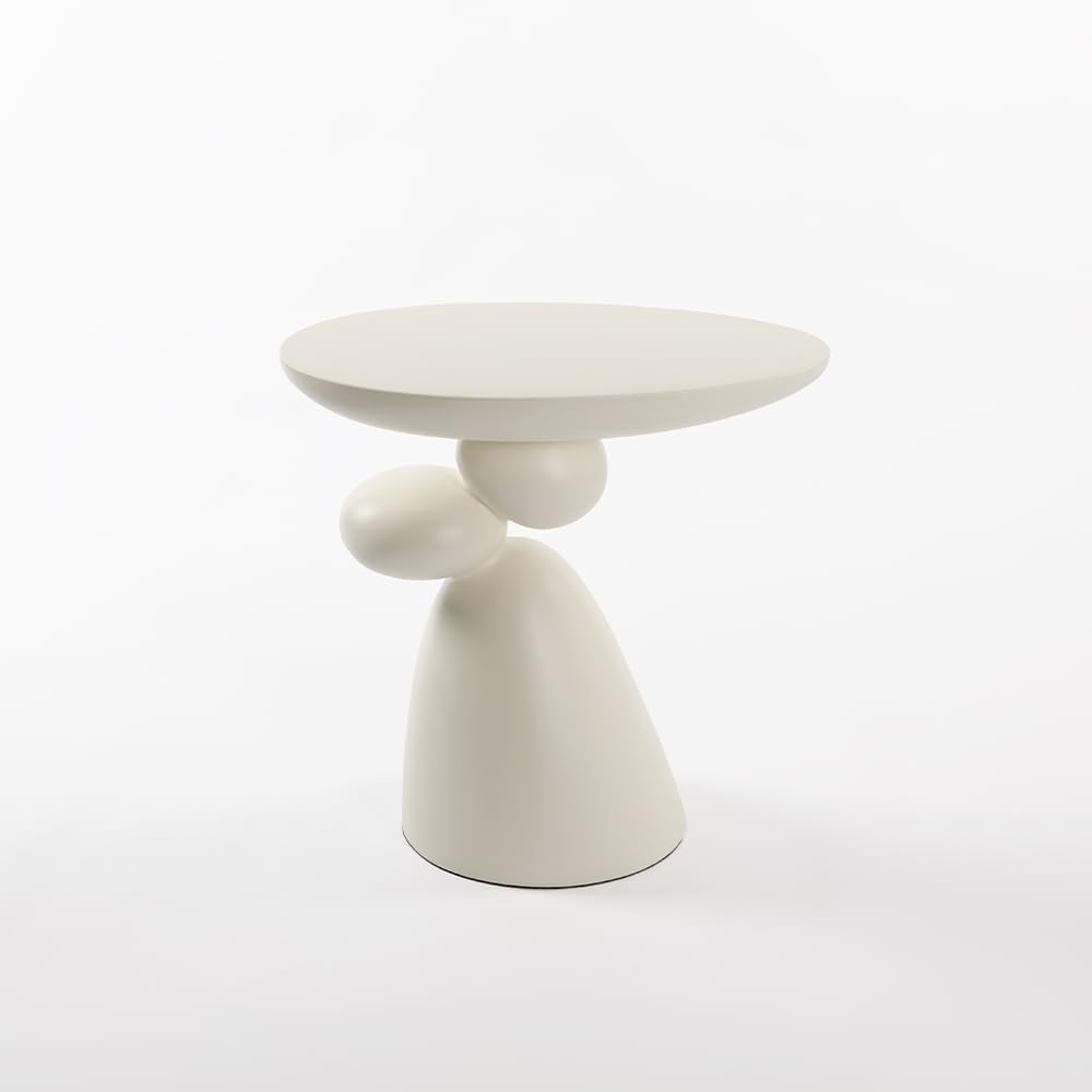 Fortune Stone Coffee Table with Deco, Modern Minimalist Narrow End Table for Couch, Small Round Side Table for Living Room, Fiberglass Decoration Corner Table for Sofa, Black, White (White)